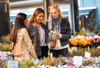Three young friends in the garden center.  Women chooses flowers for herself.