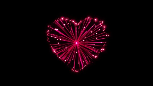 Realistic red firework heart shape on black background,