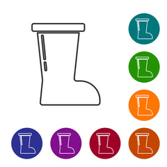 Black line Waterproof rubber boot icon isolated on white background. Gumboots for rainy weather, fishing, gardening. Set icons in color circle buttons. Vector