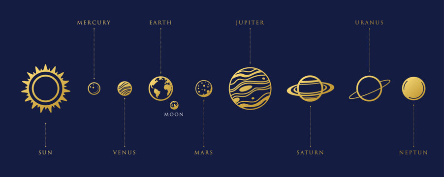 solar system planets. Astronomical observatory small planet pluto, venus mercury earth moon neptune uranus meteor crater and star universe astronaut sign. Astronomy galaxy space vector isolated Golden