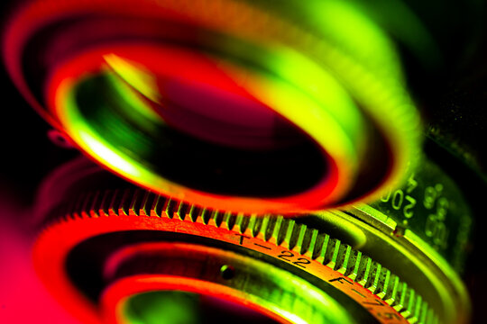 macro photo gears close-up in red green