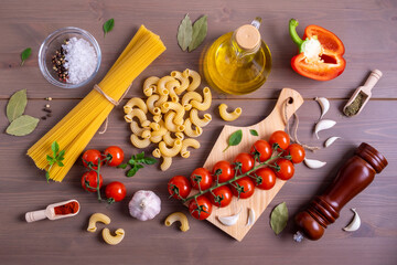Close-up top view of ingredients for making Italian pasta. Healthy and wholesome food concept....