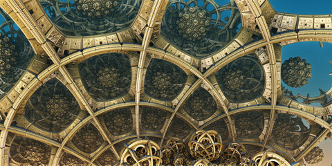 Abstract background, fantastic 3D gold structures, technology remains of an ancient civilization render illustration. 