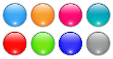 Shiny buttons set, glossy circle icons multicolored collection, 3D vector illustration.