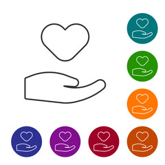 Black line Heart in hand icon isolated on white background. Hand giving love symbol. Valentines day symbol. Set icons in color circle buttons. Vector