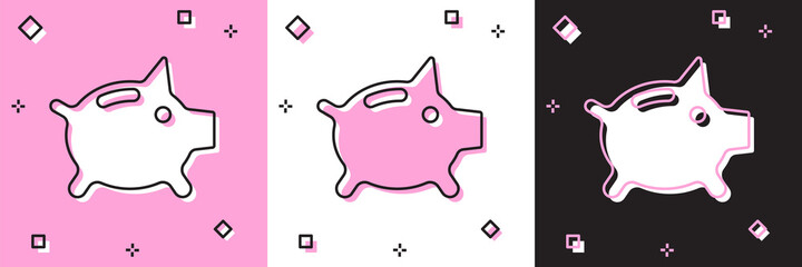 Set Piggy bank icon isolated on pink and white, black background. Icon saving or accumulation of money, investment. Vector.