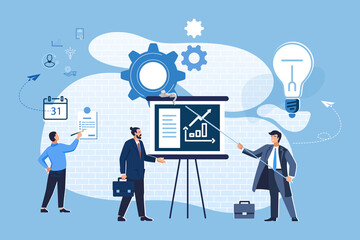 Vector illustration, blue design. Creative teamwork. People are building a business project on the Internet website, work. The monitor screen is a construction site. Collective performance of tasks