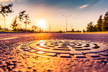 Sunset in the country, the empty highway. Wide angle view of the level of a manhole on the pavement