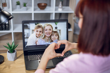 Back view of young woman using wireless laptop for video call with relatives. Pretty female sitting...