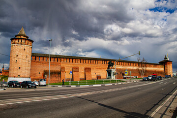The beautifully preserved fragment of the rampart and towers of the Kolomna Kremlin in Moscow Oblast in Russia