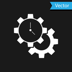 White Time Management icon isolated on black background. Clock and gear sign. Productivity symbol. Vector