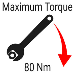 Maximum torque momentum sign. Open-end wrench tightening the nut with the direction of force. Vector logo for technical instruction that controls the maximum allowable torque. Nut tightening direction