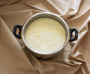 Turkish Style Homemade Pot Yoghurt. fermented at home from cow's milk. Probiotic supply.