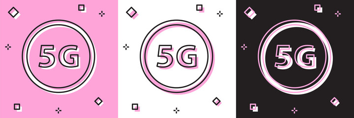 Set 5G new wireless internet wifi connection icon isolated on pink and white, black background. Global network high speed connection data rate technology. Vector