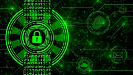 Secure technology concept - padlock binary code hud connecting lines fingerprint cloud mail - graphic elements in green on dark background - 3D Illustration