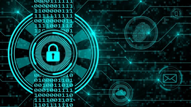 Secure technology concept - padlock binary code hud connecting lines fingerprint cloud mail - graphic elements in turquoise on dark background - 3D Illustration