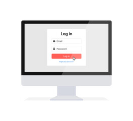 Computer or monitor with log in form interface. For a web page, sign in to account, user authorization, login authentication page. Flat vector illustration.