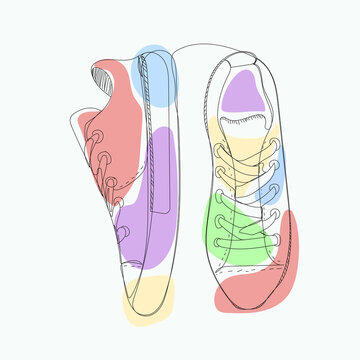 Drawn sneakers. Drawing in line art style. Colored shoes. Vector image of boots with colored spots. Sports shoes. 