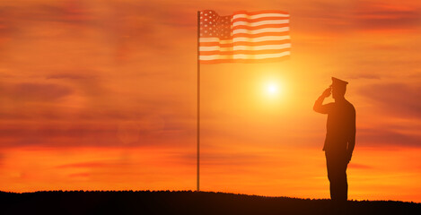 USA army soldier with nation flag. Greeting card for Veterans Day , Memorial Day, Independence Day . America celebration.