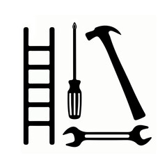 Silhouette Set of Hammer Screwdriver Spanner & Ladder Front View
