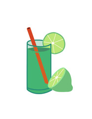 Mojito cocktail. Glass of lime drink, lemonade with straw, isolated vector illustration.