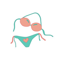 Flat vector illustration of a women's swimsuit. A fashionable women's swimsuit with turquoise panties and pink cups in pastel colors.  Bikini top and bottom.