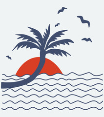 Fototapeta na wymiar The silhouette of tropical palm trees against the background of the sun and ocean waves. Vector illustration on the theme of summer holidays.
