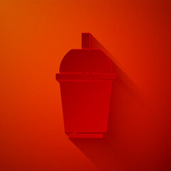 Paper cut Coffee cup to go icon isolated on red background. Paper art style. Vector