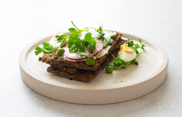 Healthy rye bread with raw spring vegetables close up