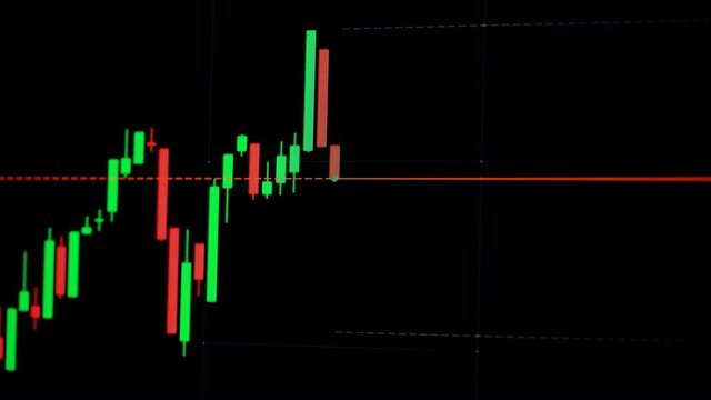 Candlestick graph of cryptocurrency or stock with moving indicator pointer. Bitcoin exchange listing. View at the app on the screen of the laptop or pc. Close up.