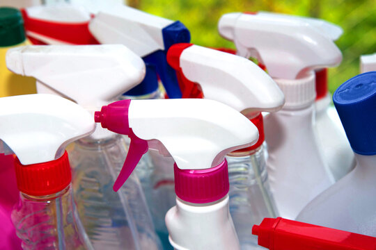 Cleaning products at home. Plastic detergent bottles