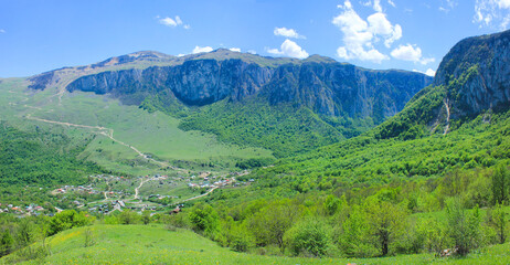 Naklejka premium Beautiful fields in the mountains. The village of Gryzdakhnya. Guba region. Azerbaijan.