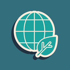 Green Earth globe and leaf icon isolated on green background. World or Earth sign. Geometric shapes. Environmental concept. Long shadow style. Vector
