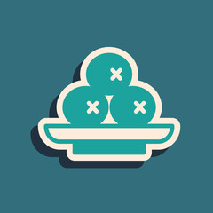 Green Olives on plate icon isolated on green background. Long shadow style. Vector