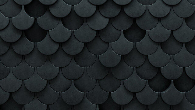 3D, Concrete Wall background with tiles. Fish Scale, tile Wallpaper with Polished, Futuristic blocks. 3D Render