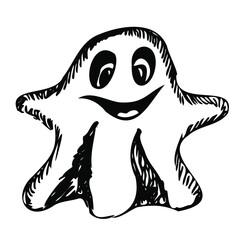 Graphic black and white  Halloween Ghost Cartoon Design Vector Clipart.  Funny, cute illustration for seasonal design, textile, decoration kids playroom or greeting card. Hand drawn prints and doodle.