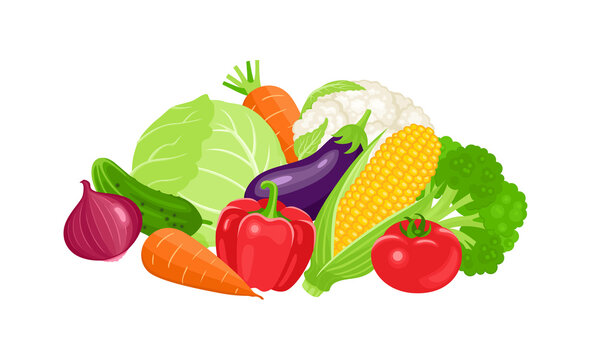 Group of fresh cartoon vegetables. Vector illustration of organic food. Vegetable garden products. Flat icon.
