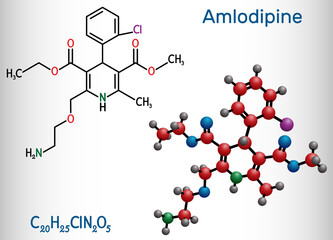 Amlodipine molecule. It is vasodilator, antihypertensive drug group of dihydropyridine calcium channel blockers. Used in the treatment of high blood pressure, angina