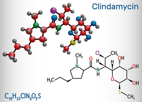 Clindamycin molecule. It is lincosamide antibacterial drug, semisynthetic broad spectrum antibiotic. Structural chemical formula and molecule model