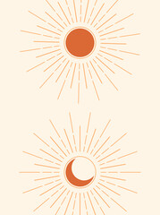 Abstract sun and moon. Contemporary  geometric composition. Boho wall decor. Mid century art print. Bohemian poster.