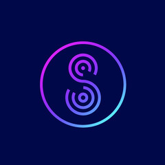 Letter S logo.Typographic icon.Neon colors.Lettering sign isolated on dark fund.Alphabet initial.Modern, corporate, web, tech style character.Circle frame.