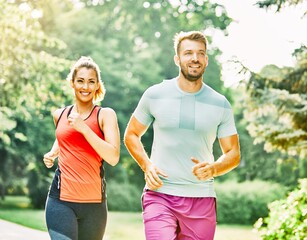 fitness woman park exercise lifestyle outdoor sport healthy couple nature active young fit training...