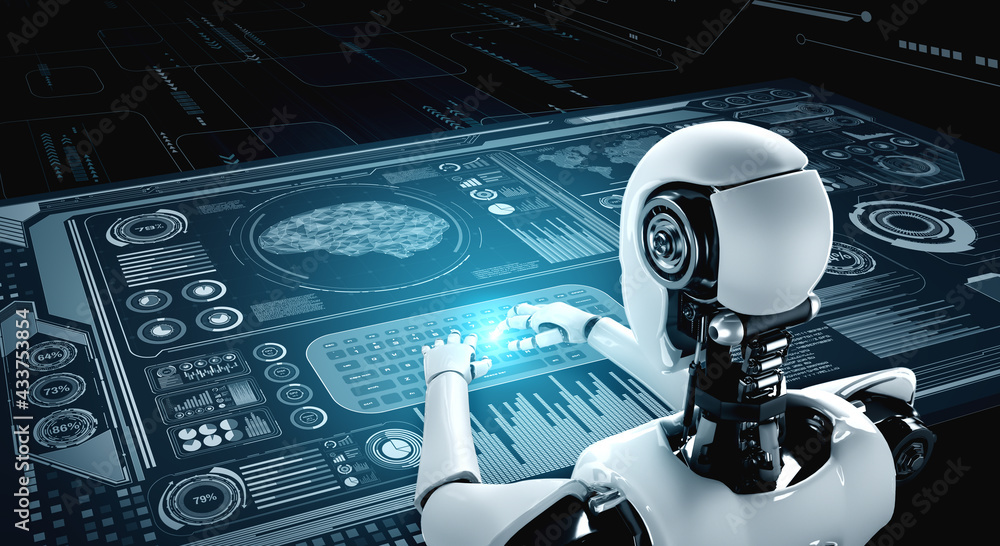 Poster robot humanoid use laptop and sit at table for big data analytic using ai thinking brain , artificia