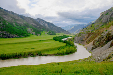 Beautiful landscape, green valley, mountains, river