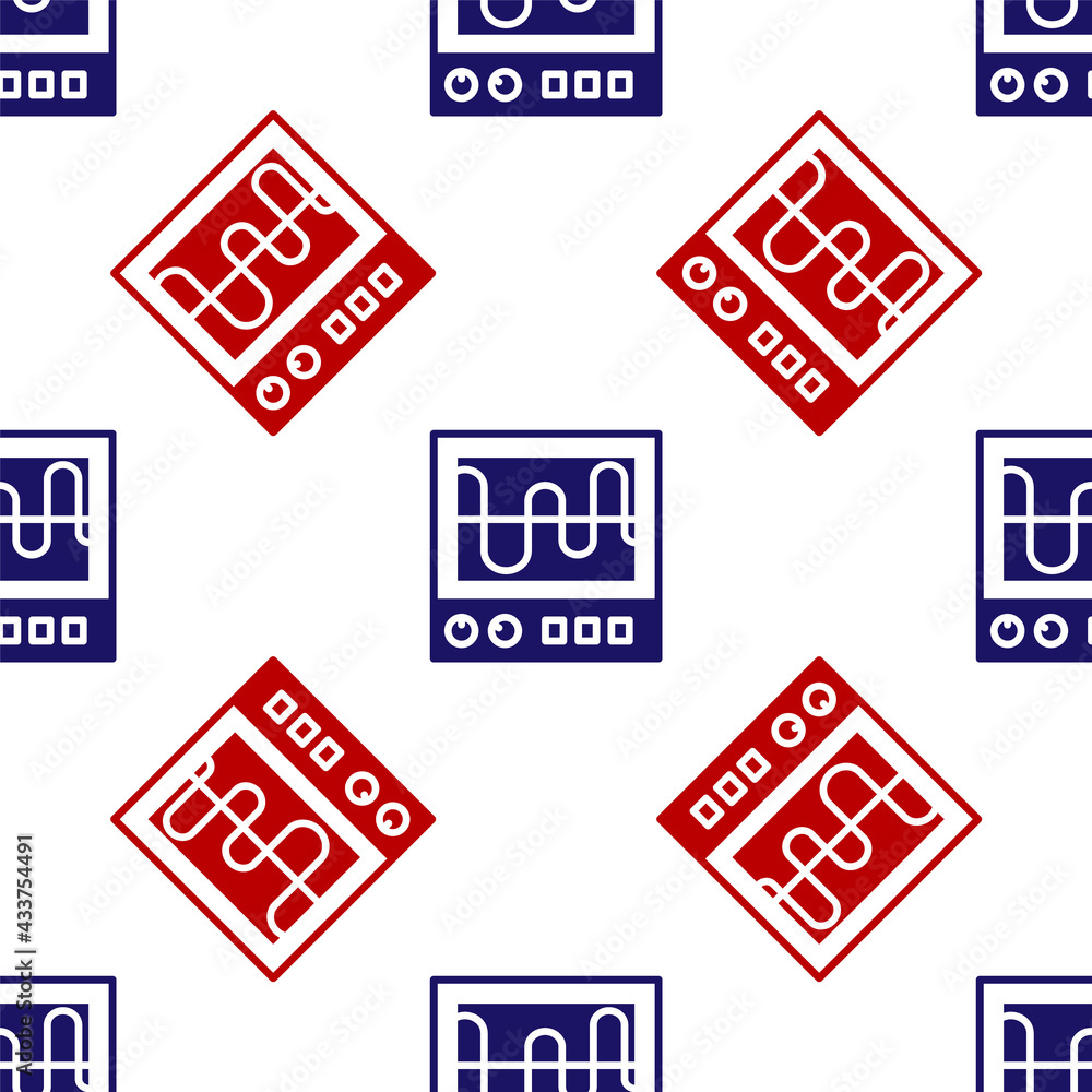 Poster blue and red oscilloscope measurement signal wave icon isolated seamless pattern on white background