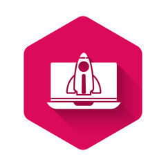 White Business startup project concept icon isolated with long shadow. Symbol of new business, entrepreneurship, innovation and technology. Pink hexagon button. Vector