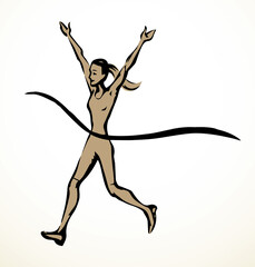 Runner rips the finish line. Vector drawing
