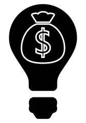 El precio de la luz en dólares. Icono de bombilla con un saco de euros en blanco y negro sobre fondo negro