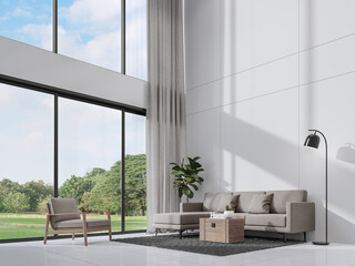 Modern white living room with sunlight shine into the room 3d render,There are empty white wall ,decorate with gray fabric furniture, large window overlooking nature view