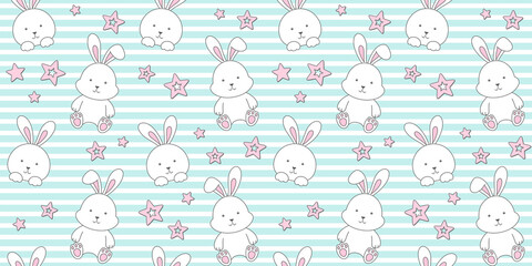 White rabbit and pink stars on a turquoise striped background. Endless texture with bunny, tiny hare. Vector seamless pattern for wallpaper, cover, wrapping paper, packaging, surface texture and print